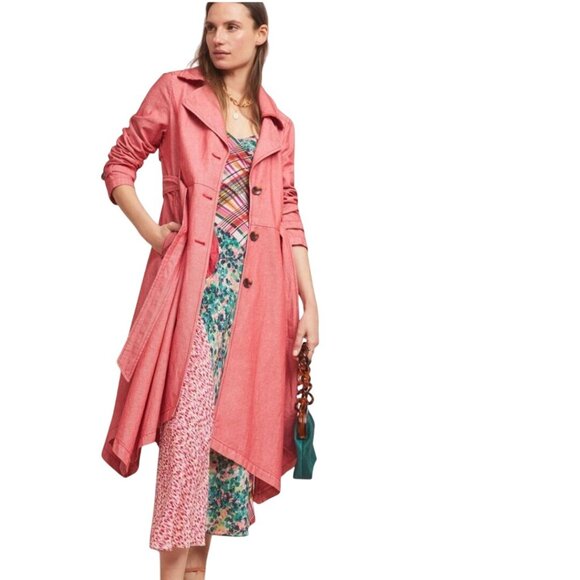 Anthropologie Elle Trench Coat Red Linen Blend Handkerchief Hem Belted Size L - Picture 1 of 11